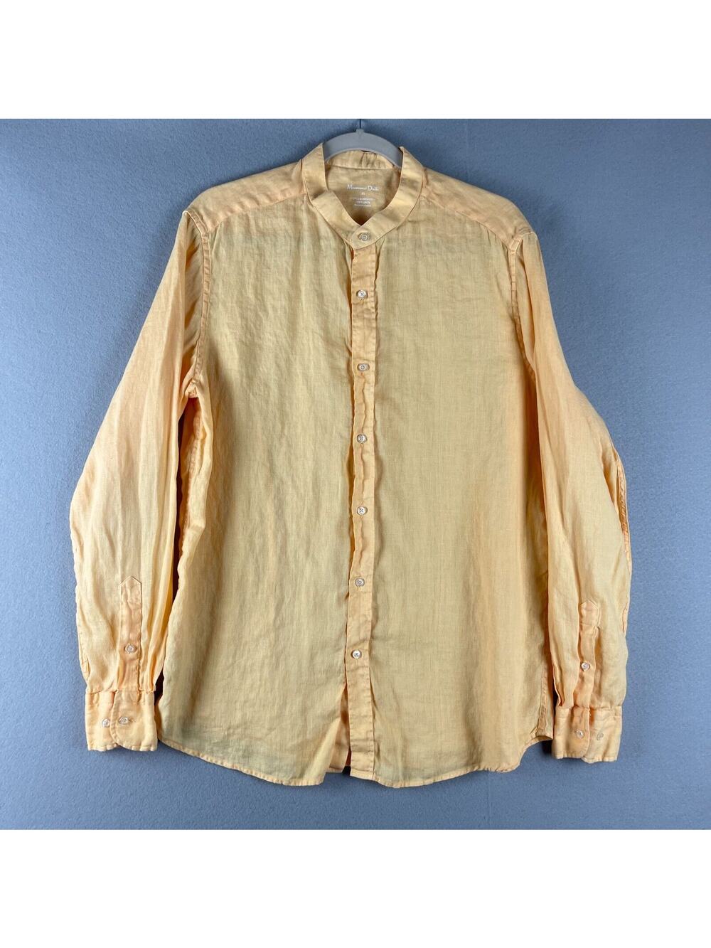 Massimo Dutti Linen Shirt Men XL Orange Button Up Dyed & Washed Long Sleeve
